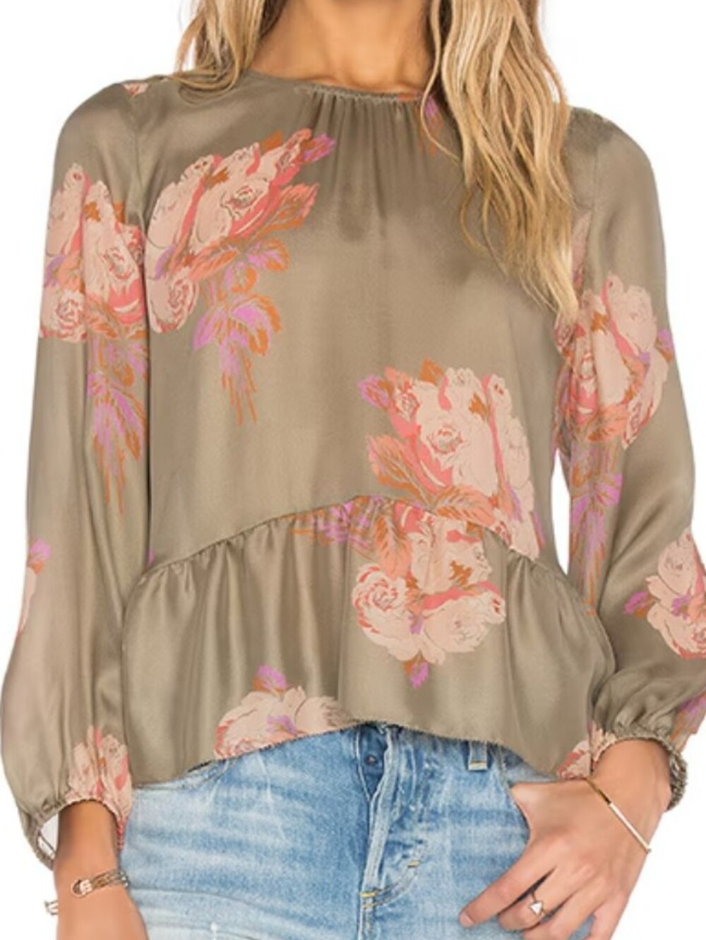 The Great 100% Silk Honey Top in Army Rose Size 3, Large Peplum Hem
